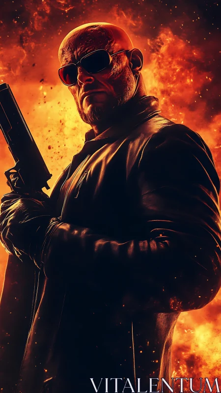 Gunman in leather coat framed by blazing inferno backdrop.