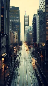 Rain-soaked city avenue glowing softly in the evening light.