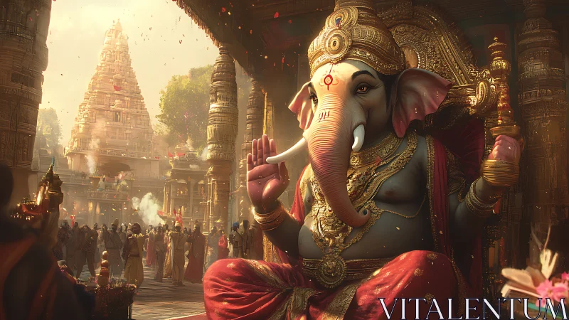 Majestic temple Ganesha blessing a festival of golden dawn.