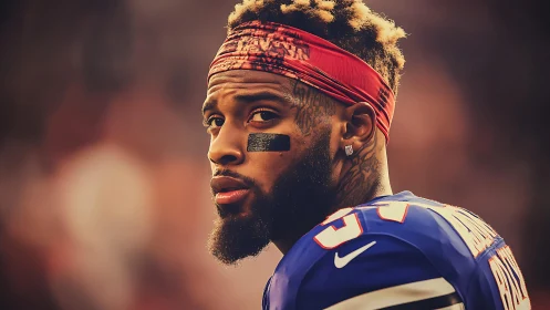 Sideline portrait of focused gridiron athlete under warm light.