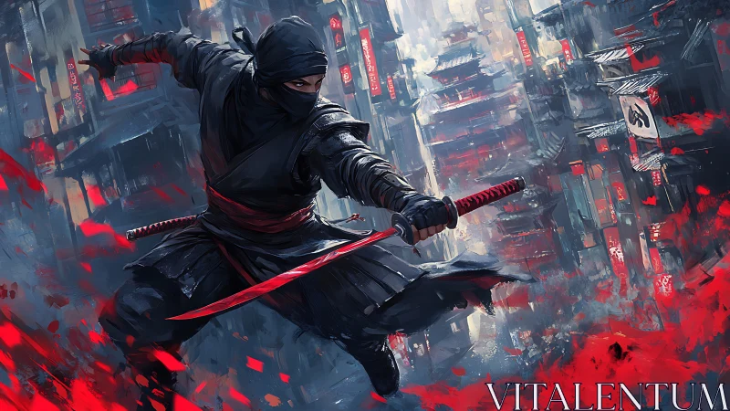 Masked ninja warrior leaps through dense urban skyline