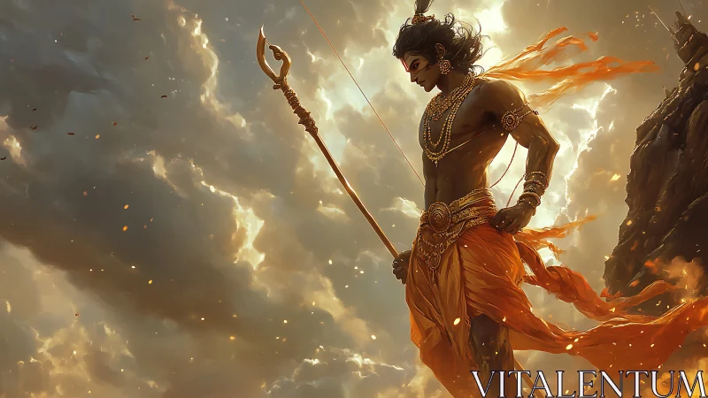 Stormlit warrior demigod poised with trident and bow.