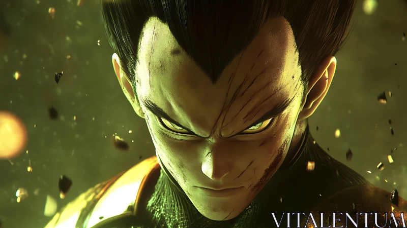 Fierce anime warrior locks eyes with glowing battle power