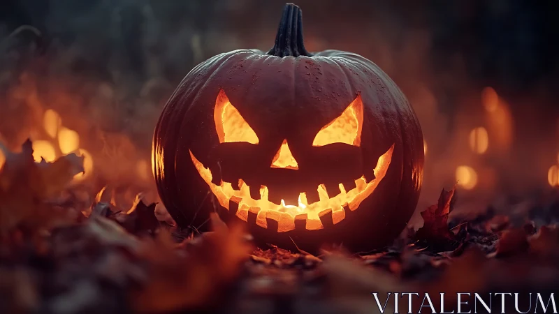 Grinning jack-o’-lantern glows in a misty autumn blaze.