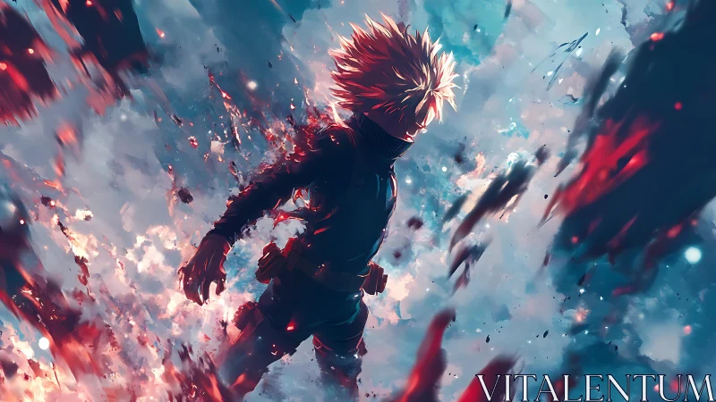 Explosive anime hero strides through burning sky storm.