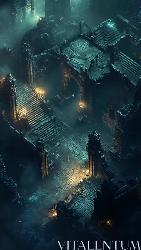 Ruined stone fortress interior illuminated by sparse torches