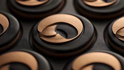 Modern abstract bronze and black circular emblems in 3D design.