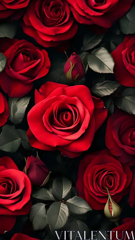 Vibrant Red Roses with Emerald Foliage in Dark Setting.
