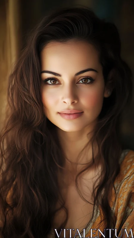 Close-up portrait of young woman with long wavy hair.