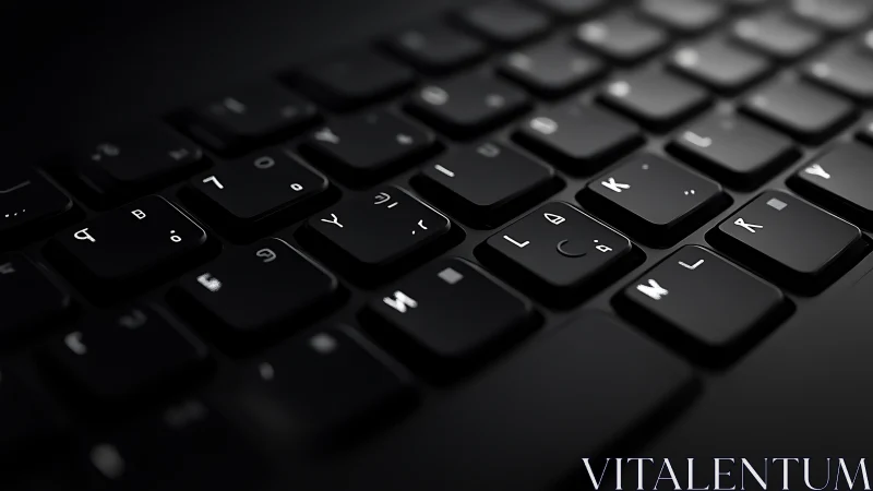 Oblique macro of bilingual backlit keyboard in low-key lighting.