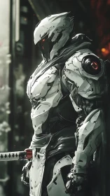Armored humanoid figure holds katana in high contrast lighting