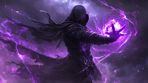 Shadow mage shaping wild violet stormlight between worlds.