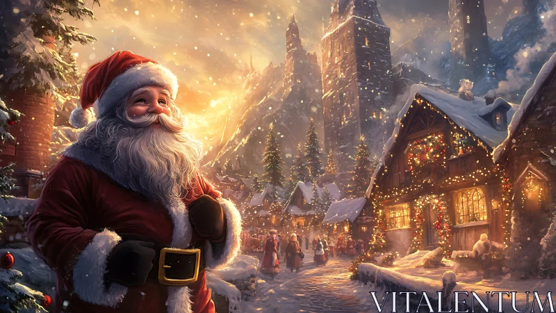 Snowlit Santa in festive alpine village at golden hour
