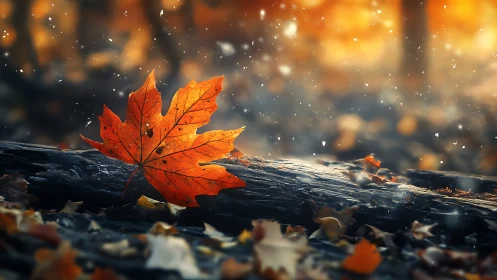 Single maple leaf rests on log under glowing autumn bokeh
