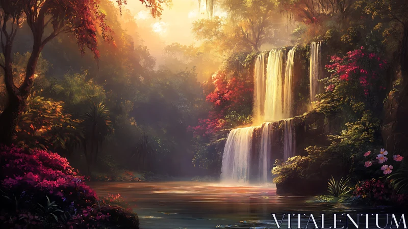 Luminous tropical waterfall framed by lush vivid rainforest foliage.