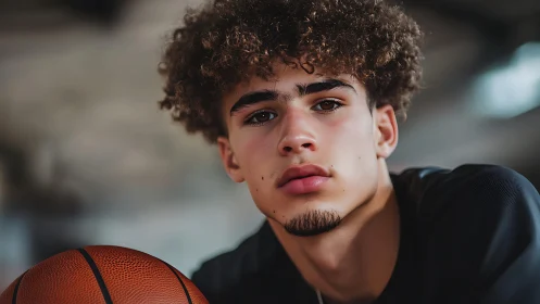Young basketball player gazes intensely toward camera