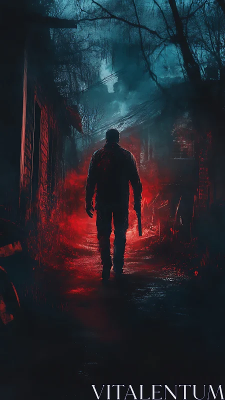 Solitary armed figure walks through red lit forest path