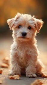 Golden autumn puppy sitting among soft fallen leaves.