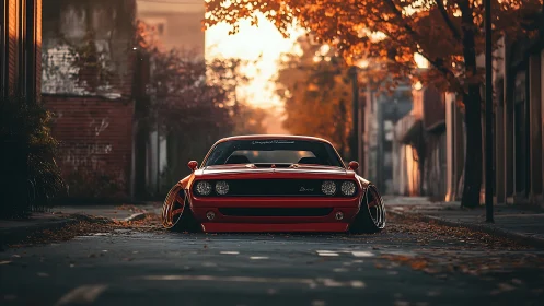 Low-slung red muscle car in autumn-lit deserted street.