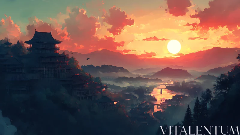 Mountain settlement and river valley under sunset sky.