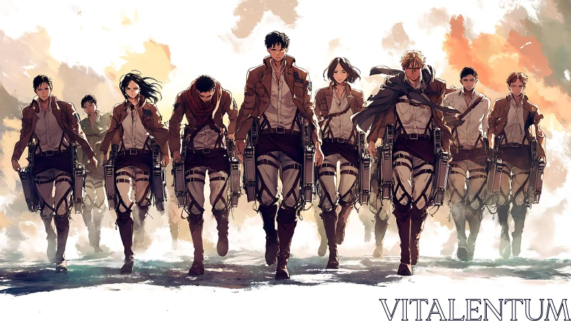 Anime scout squad advances through smoky battlefield.