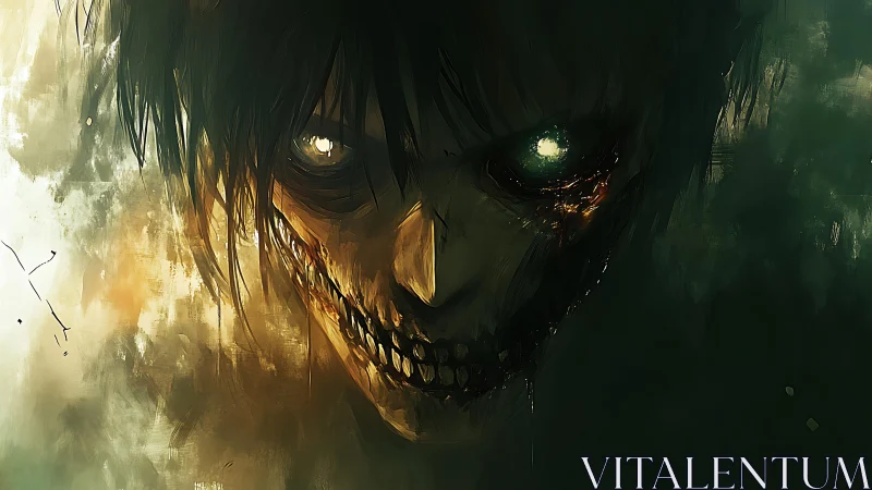 Sinister skeletal face with glowing eyes in dark fog.