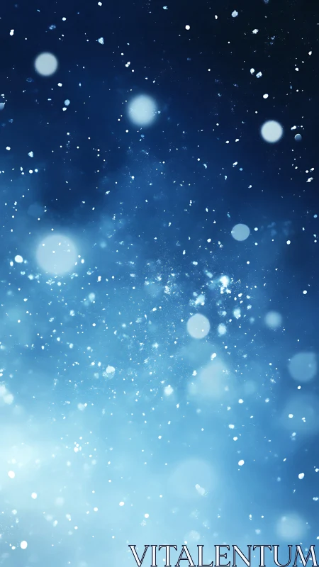 Soft blue winter snow background with glowing bokeh lights.