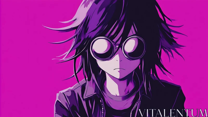 Edgy anime loner in goggles against vivid magenta backdrop.