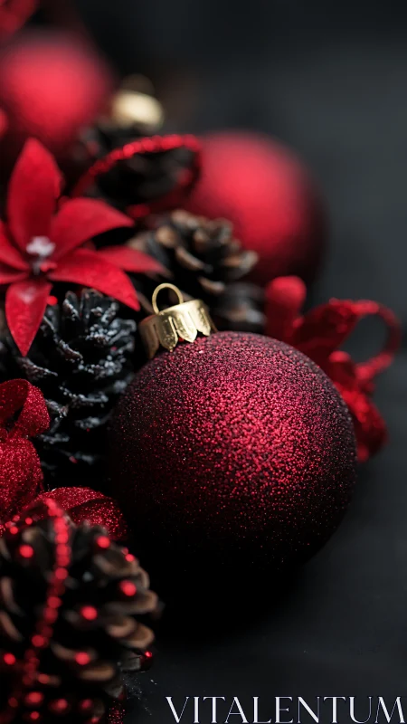 Red glitter bauble lies among pine cones and poinsettias