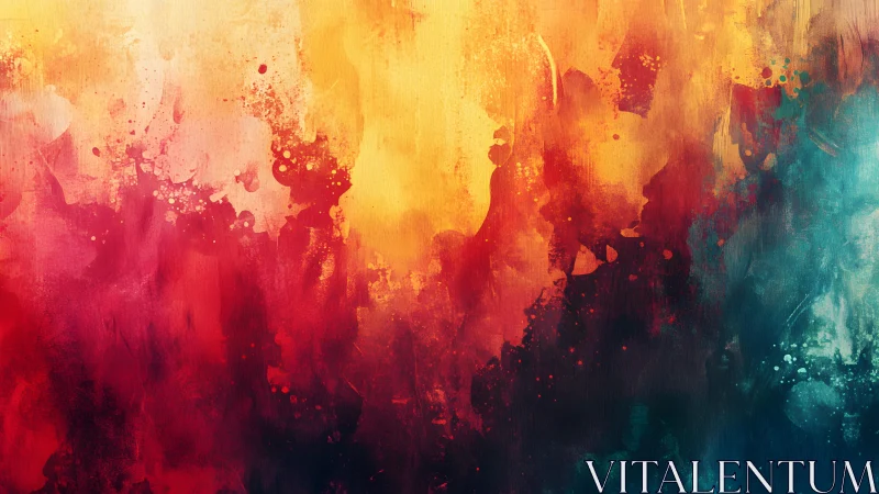 Vivid Abstract Canvas With Fiery Red, Yellow, and Teal Brushstrokes.