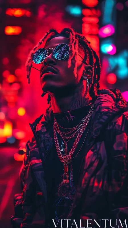 Neon city glow wraps a stylish figure in bold electric light