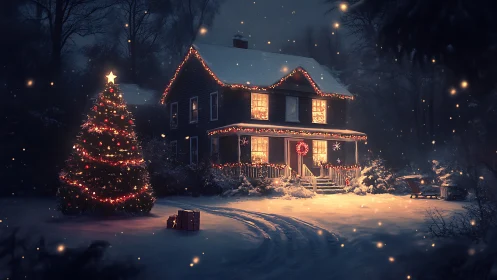 Snow-covered house displays warm Christmas lighting in dense forest