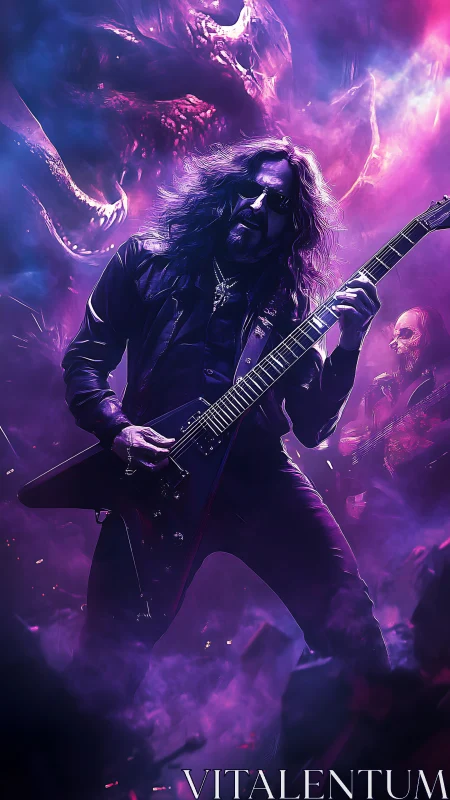 Demonic stage guitarist shreds in neon purple haze.