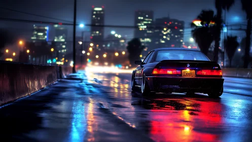 BMW coupe on wet city highway at night in neon light.