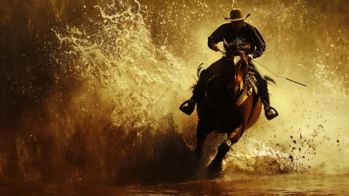 Cowboy rider cutting through golden backlit water spray.