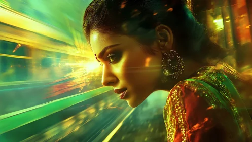 Profile view of woman overlaid with dynamic motion blur