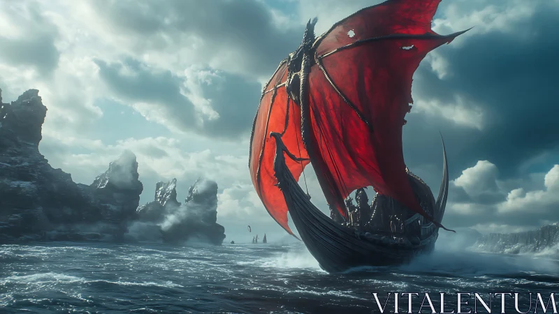 Dragon-prowed warship under red sails in stormy seascape.