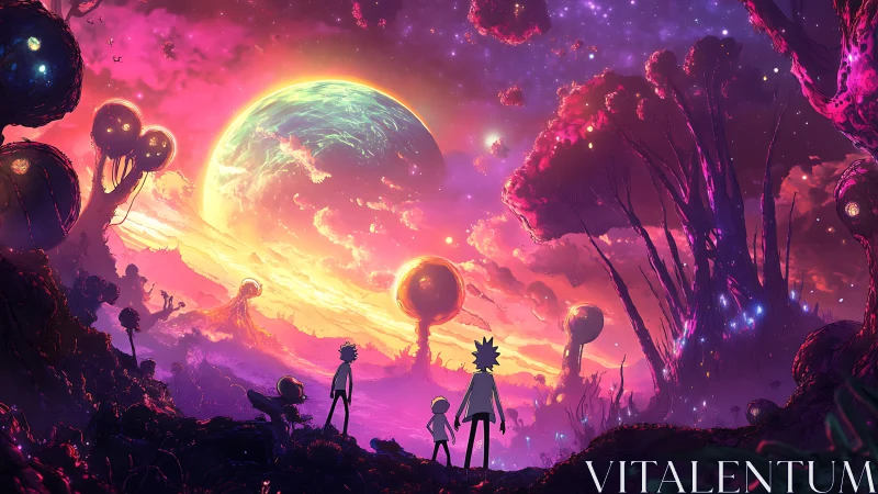 Dreamy cosmic adventure under glowing alien skies.