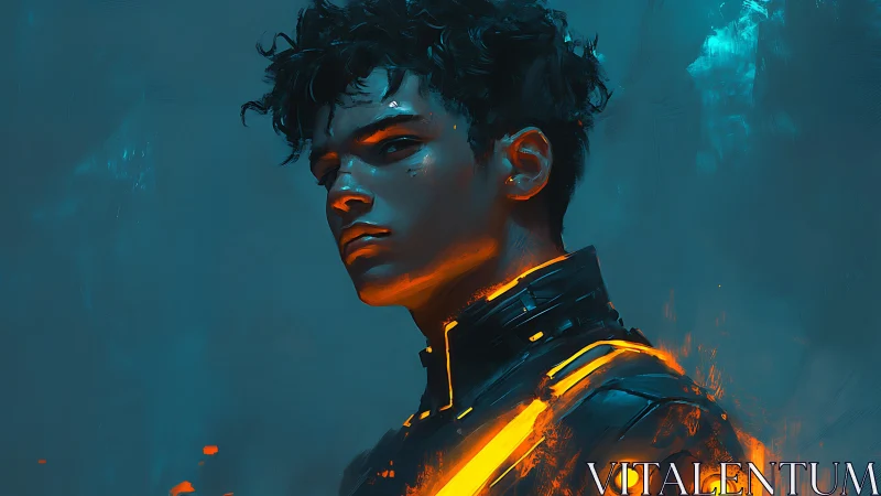 Neon lit cyberpunk portrait with teal and orange contrast.