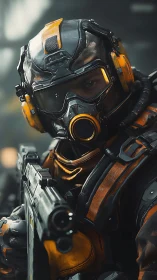 Cyberpunk tactical operator in high-impact portrait framing.