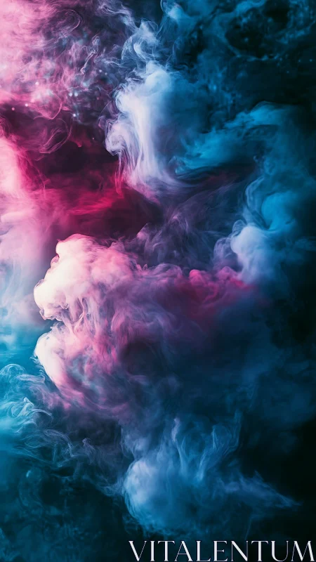 Vibrant pink and blue smoke clouds in dark abstract space.