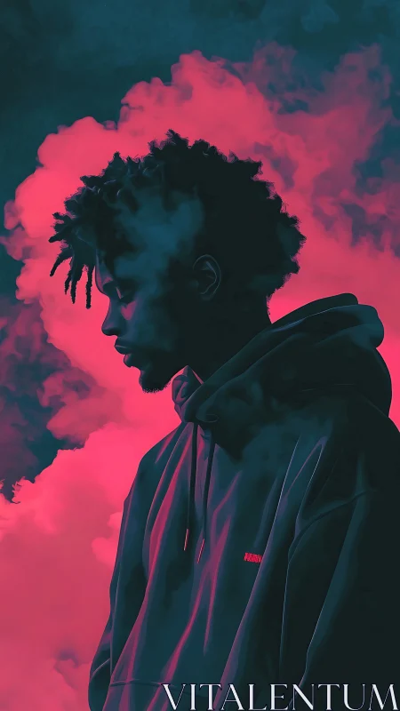 Neon smoke cradles a hooded thinker in electric hush