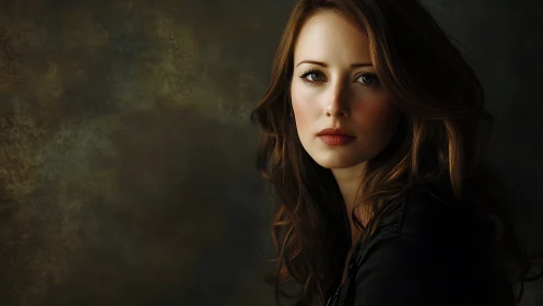 Thoughtful woman portrait against dark textured backdrop.