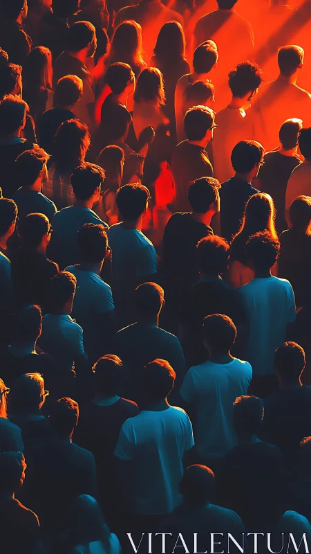 Crowd stands in dramatic orange light, evoking unity and awe
