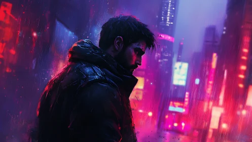 Neon rain loner prowls through glitch-bright cyber cityscape.