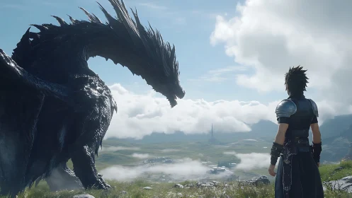 Armored warrior confronting massive dragon on misty plains.