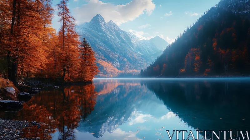 Mountain lake with autumn forest reflection at sunrise.