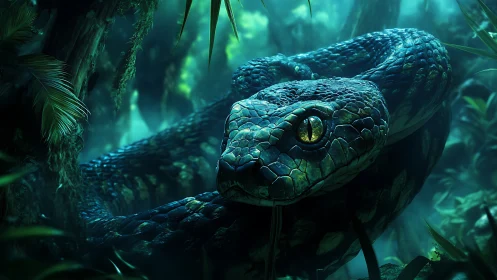 Glimmering jungle serpent resting in a cool emerald glow.
