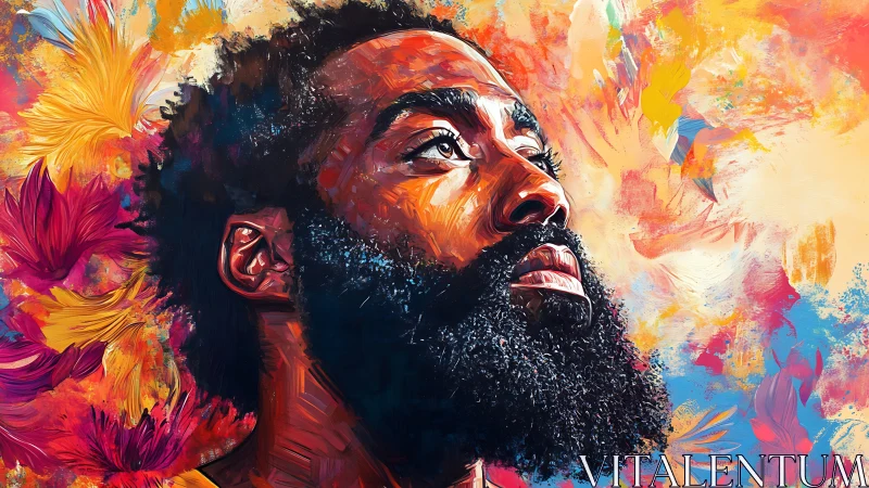 Bearded dreamer gazes skyward through a bloom of color