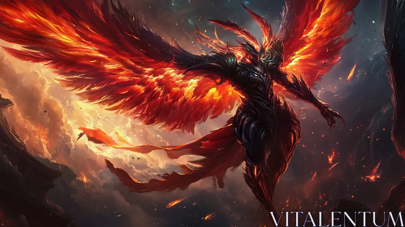 Infernal winged titan erupts in storm of soaring flame.